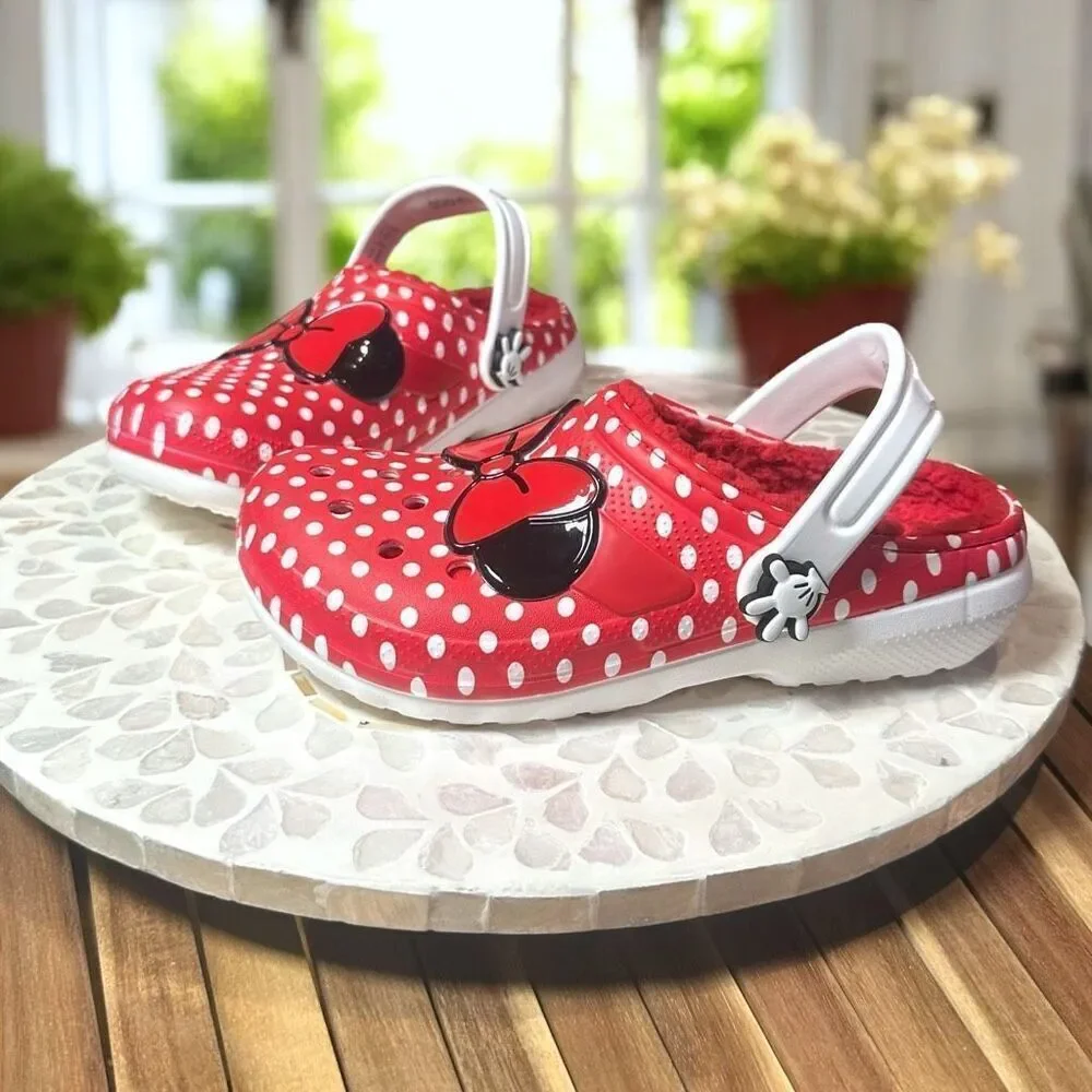 Crocs Kids Minnie Mouse Lined Classic Clog Red Polka Dot Cozy Disney Parks Size